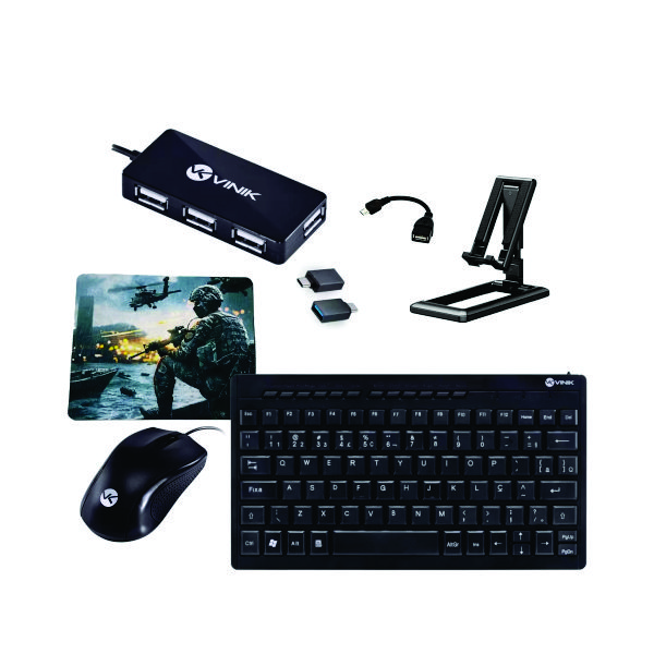 Kit USB com Mini Mouse, HUB, Teclado e Extensor