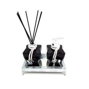 Kit Lavabo Luxo Preto Difusor de Varetas e Saboneteira