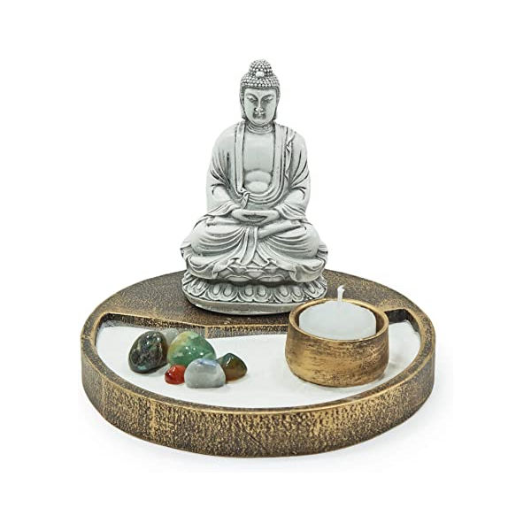 Kit Jardim Zen Buda Hindu Areia Incensário + Vela Branca