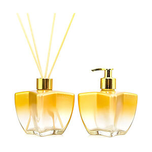 Kit Lavabo Dourado Vidro Luxo Saboneteira e Difusor